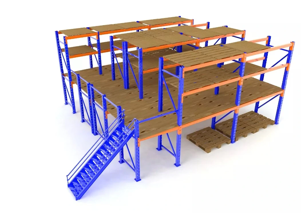 Two-tier rack-supported mezzanine floor