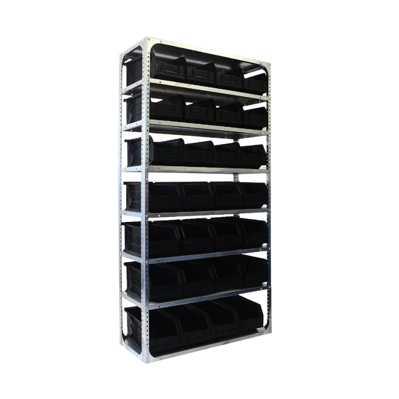 8-level galvanised bolted shelving bay with storage bins