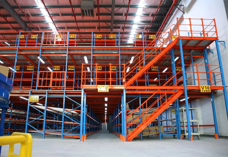 A Multi-tier mezzanine floor installation in a factory warehouse