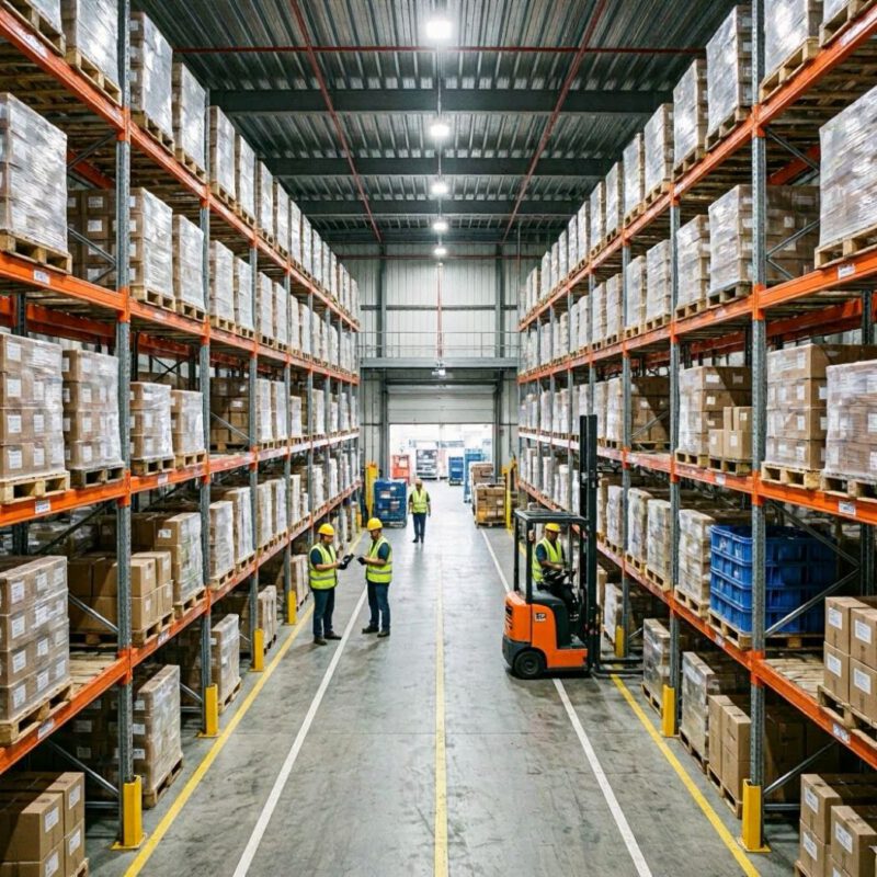 Industrial racking system for a warehouse with workers and forklift in the isle.